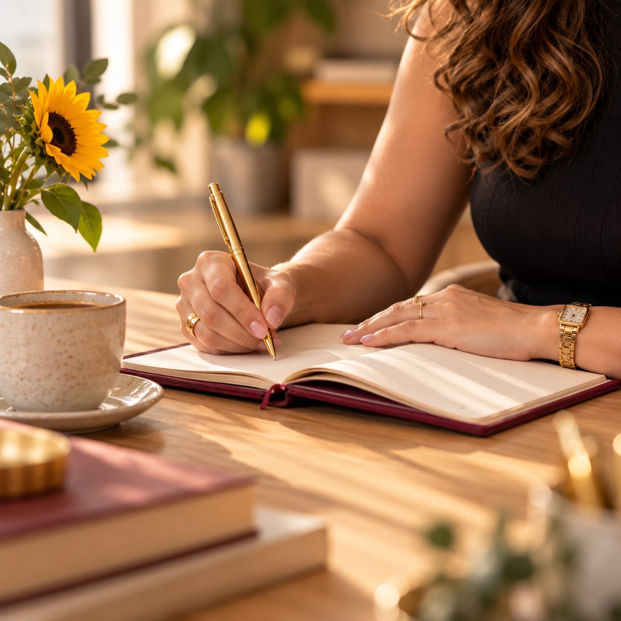 Caderno e caneta dourada sobre a mesa